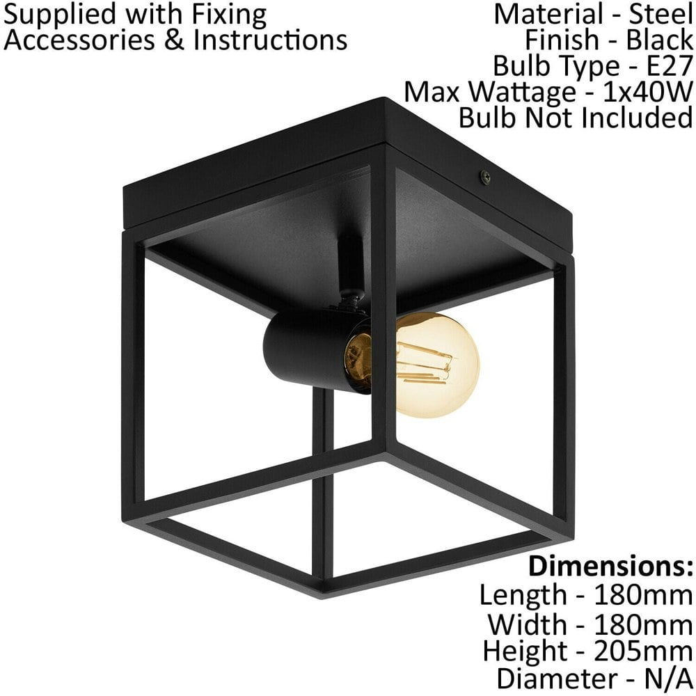 Flush Ceiling Light Colour Black Open Metal Frame Box & Holder Bulb E27 1x40W Loops