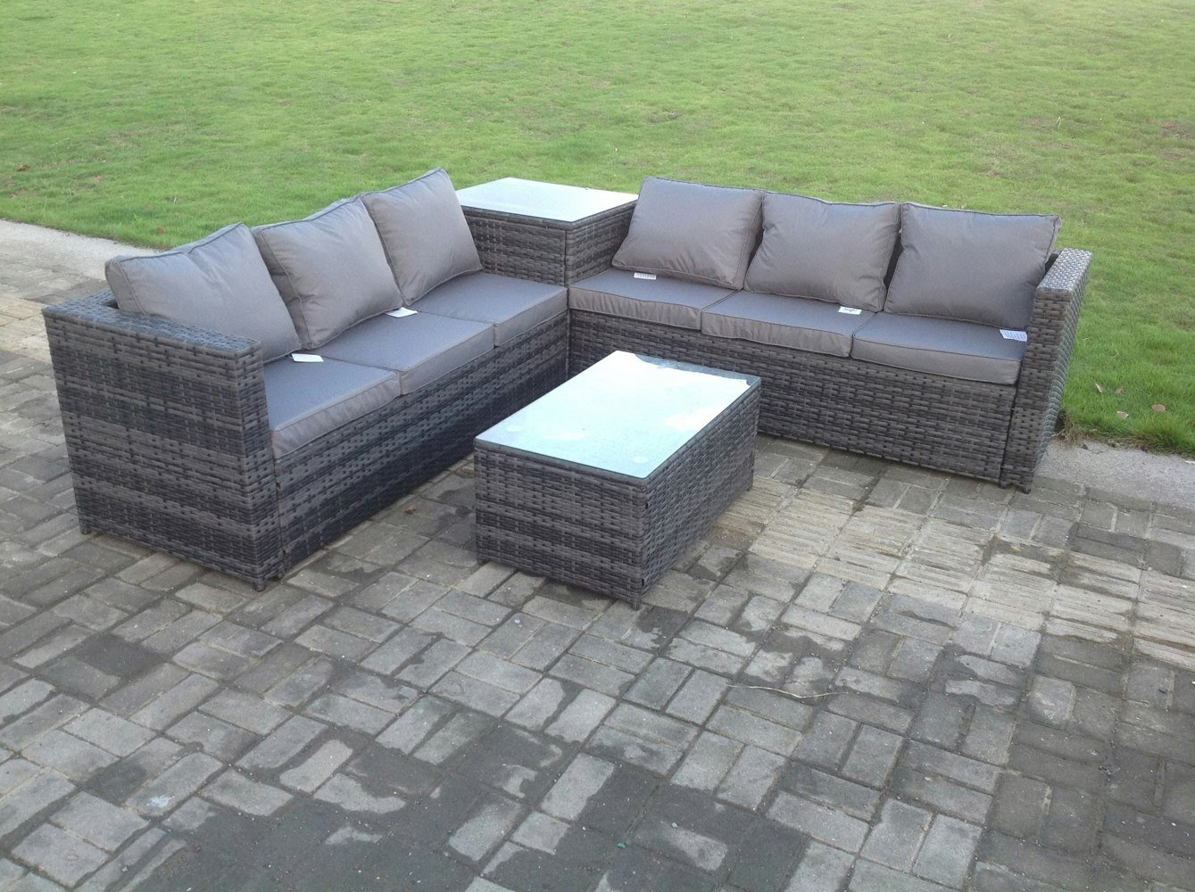 Fimous Grey Rattan Corner Sofa Set Outdoor Garden Furniture Oblong Coffee Table Set Patio With Cushions