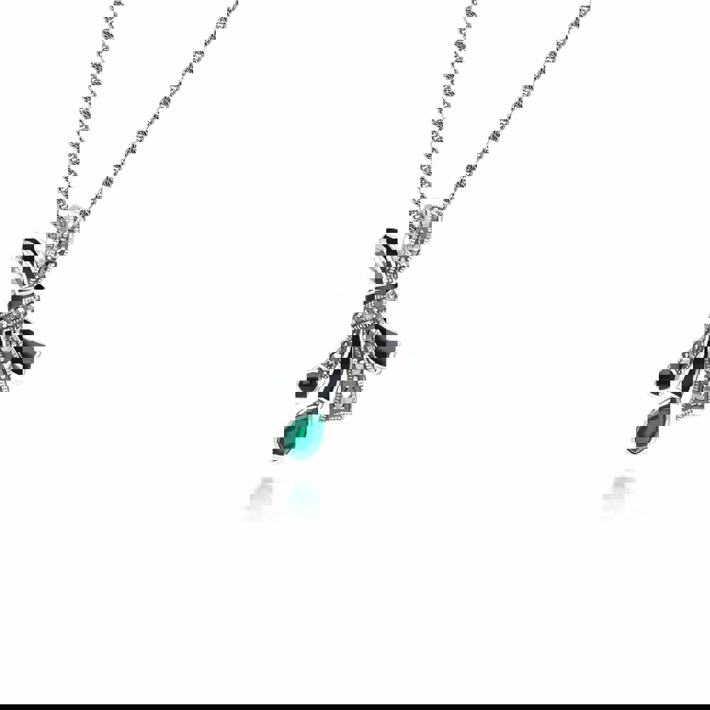 Art Nouveau Style Marcasite, Chalcedony and Black Enamel Ribbon Bow Pendant Necklace in Sterling Silver 214P333701925 