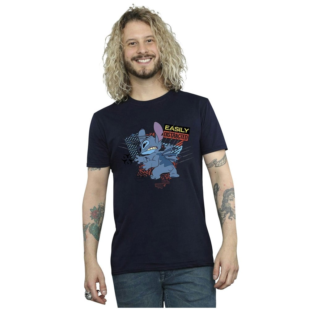 Disney Mens Lilo And Stitch Easily Distracted T-Shirt - Navy Blue