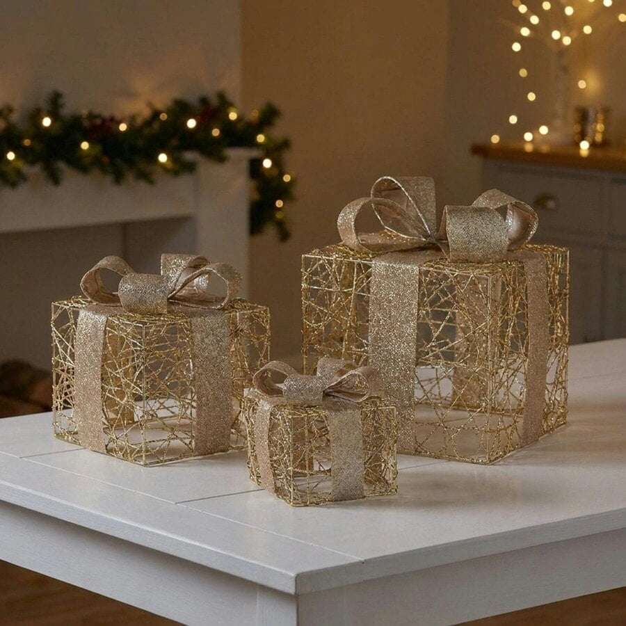 Garden Greatness Gold Weave Faux LED Gift Boxes Set of Three