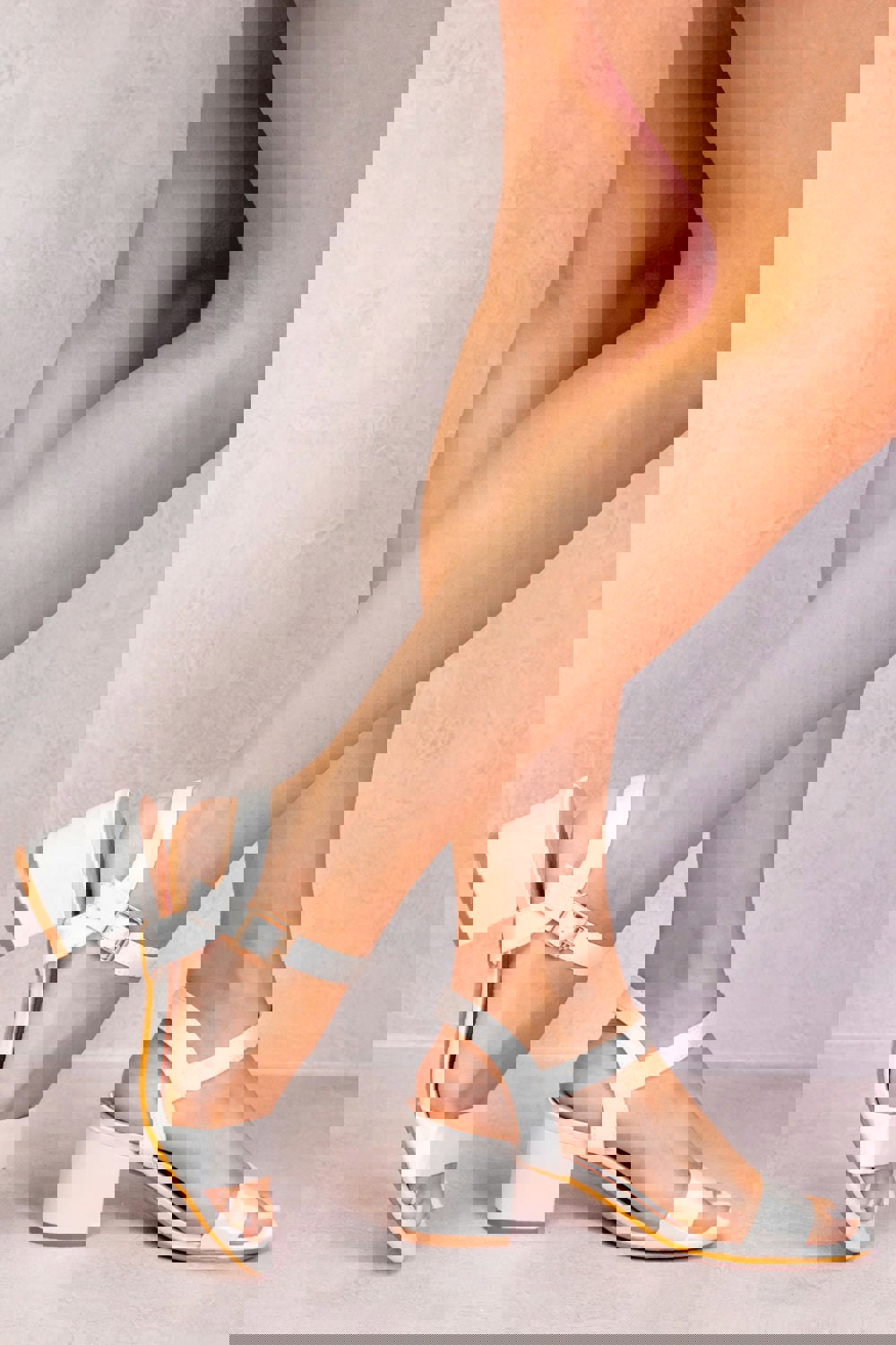 Where's That From Zephyr Strappy Mid High Block Heels Peep Toe in Off White Silk