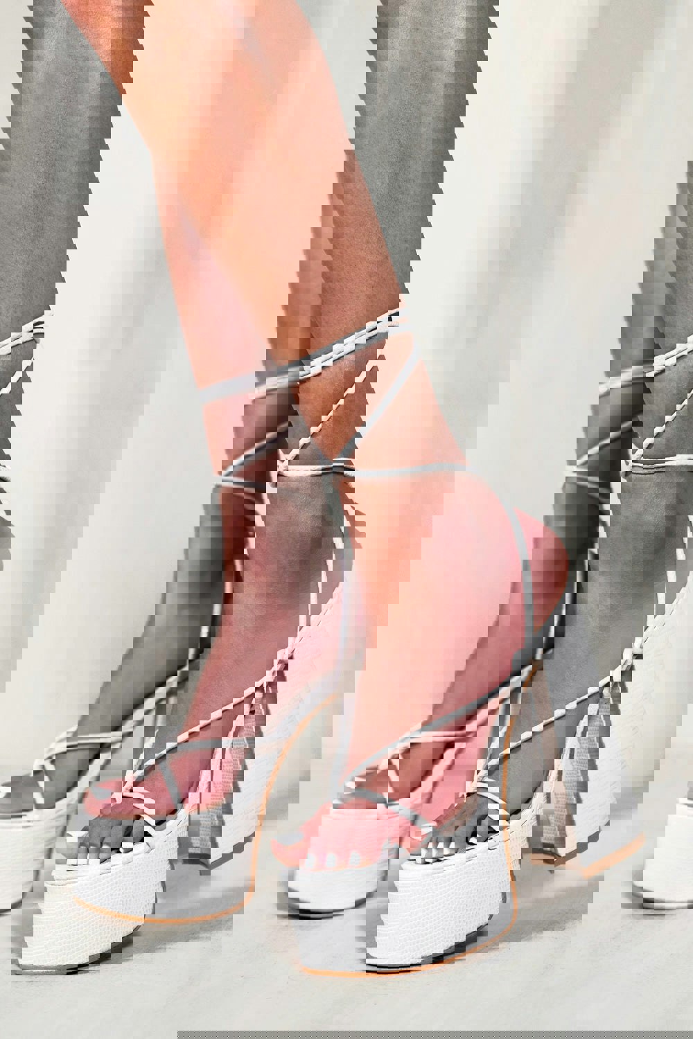 Where's That From Mabel Block High Heels With Thong Strap & Lace Up Detail in Ivory Cream Lizard