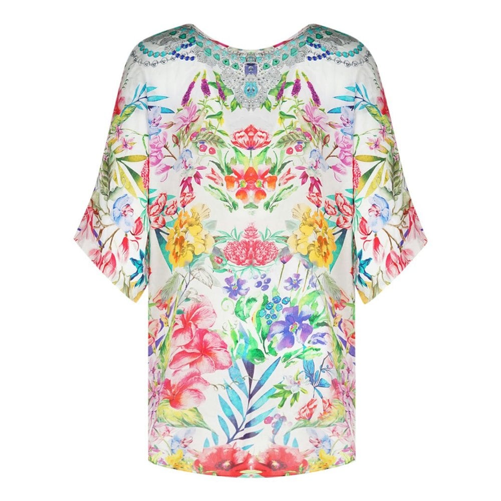 Inoa White Floral Multicoloured Long Sleeve Silk Fish Top