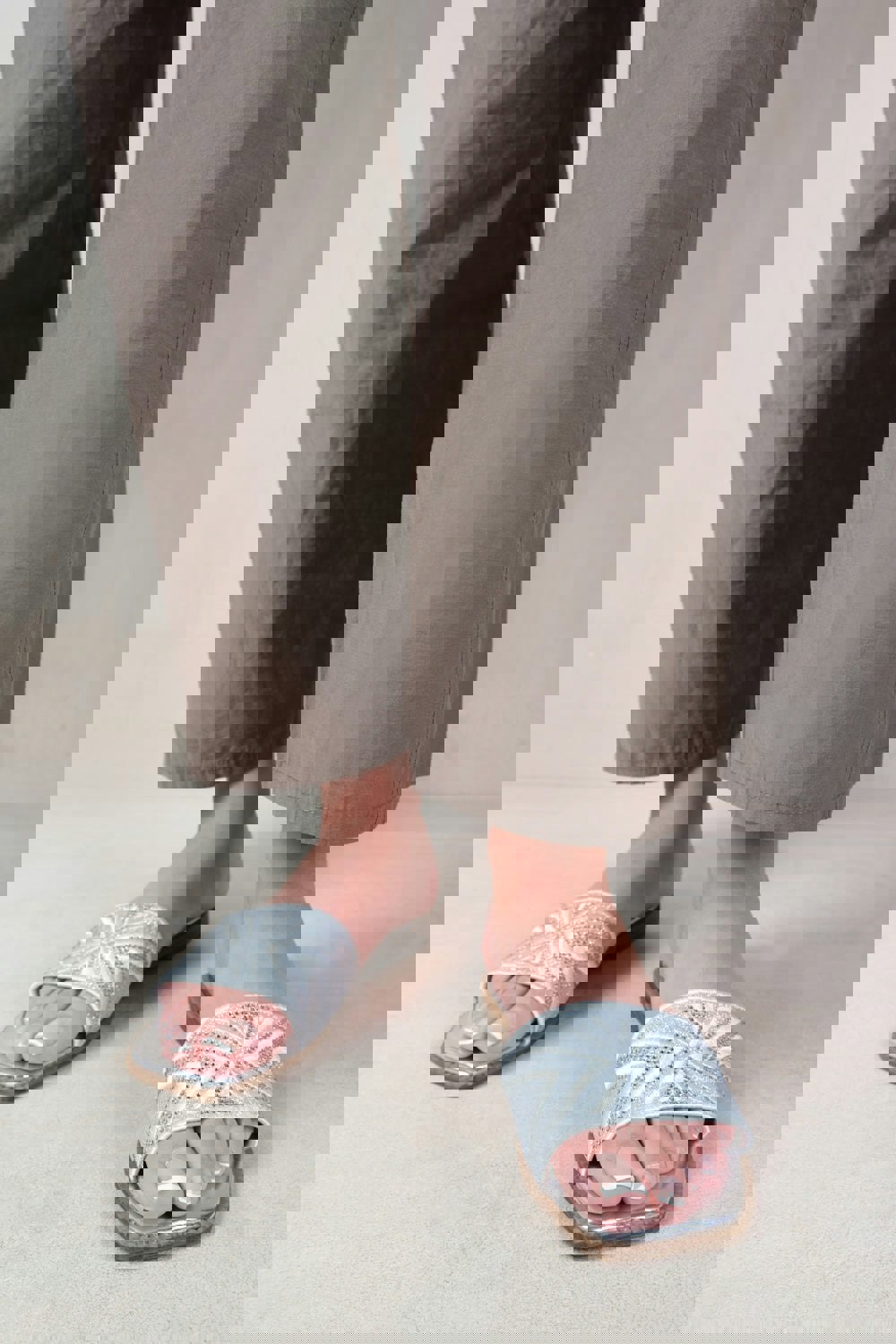 Where's That From Blossom Flat Sandals With Sparkly Textured Single Band in Silver Metallic
