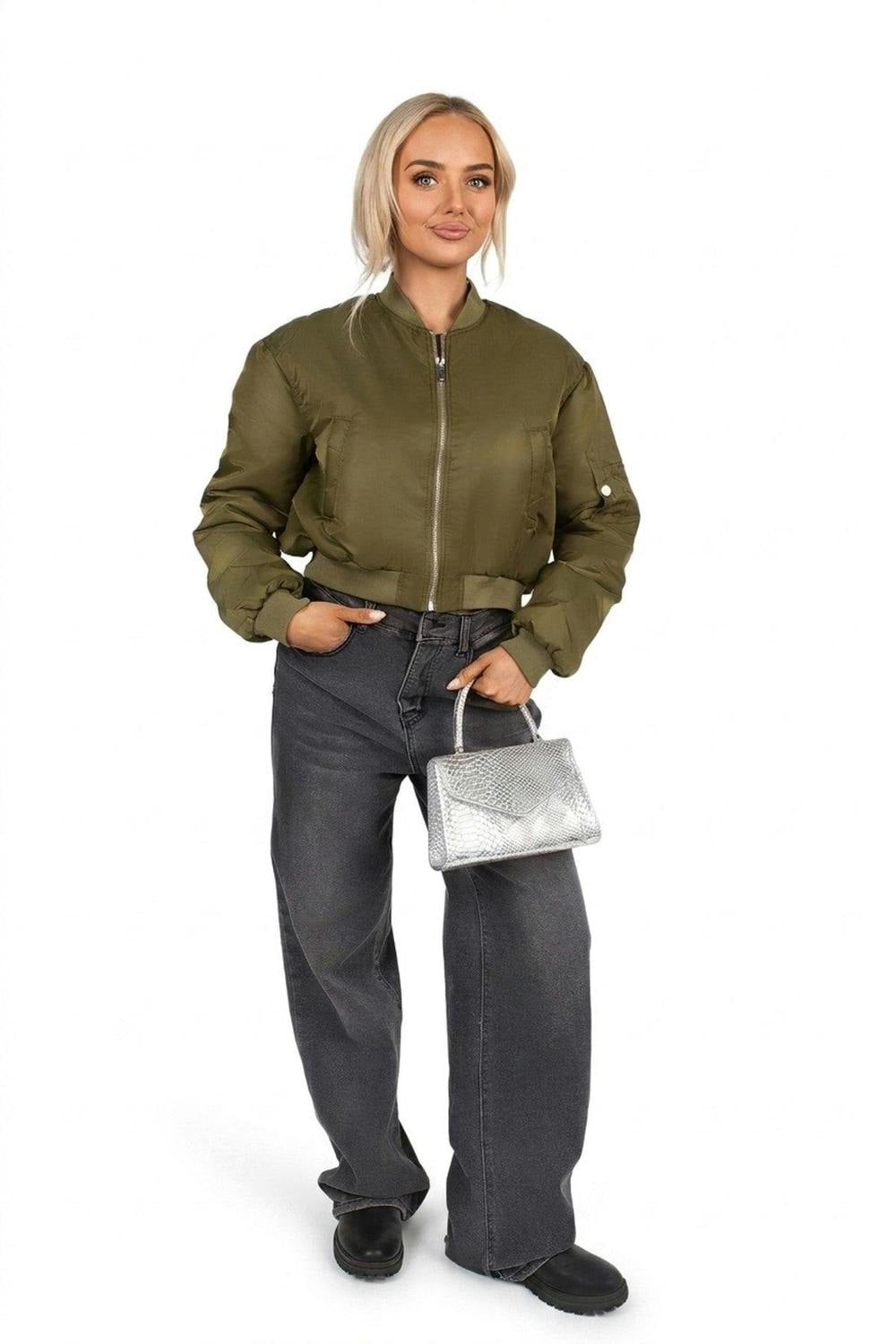 Melina Cropped Long Sleeve Zip Up Puffer Jacket - Khaki_wb
