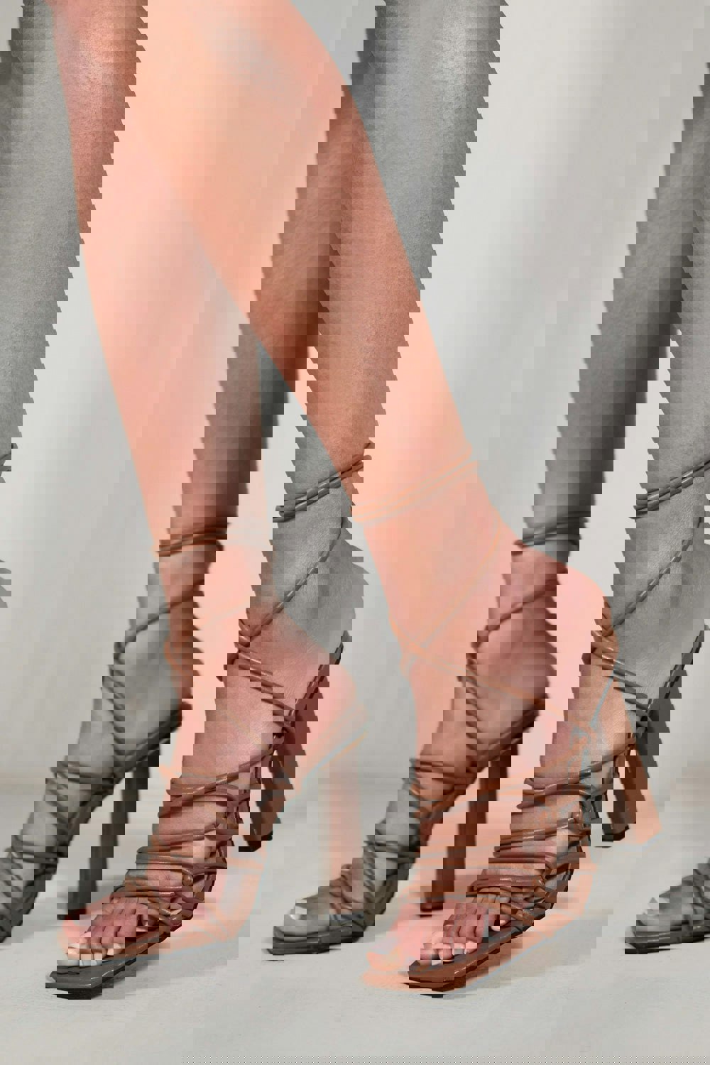 Where's That From High Heels With a Tie Leg and Cross Over Strap Detail in Chocolate Brown Faux Leather