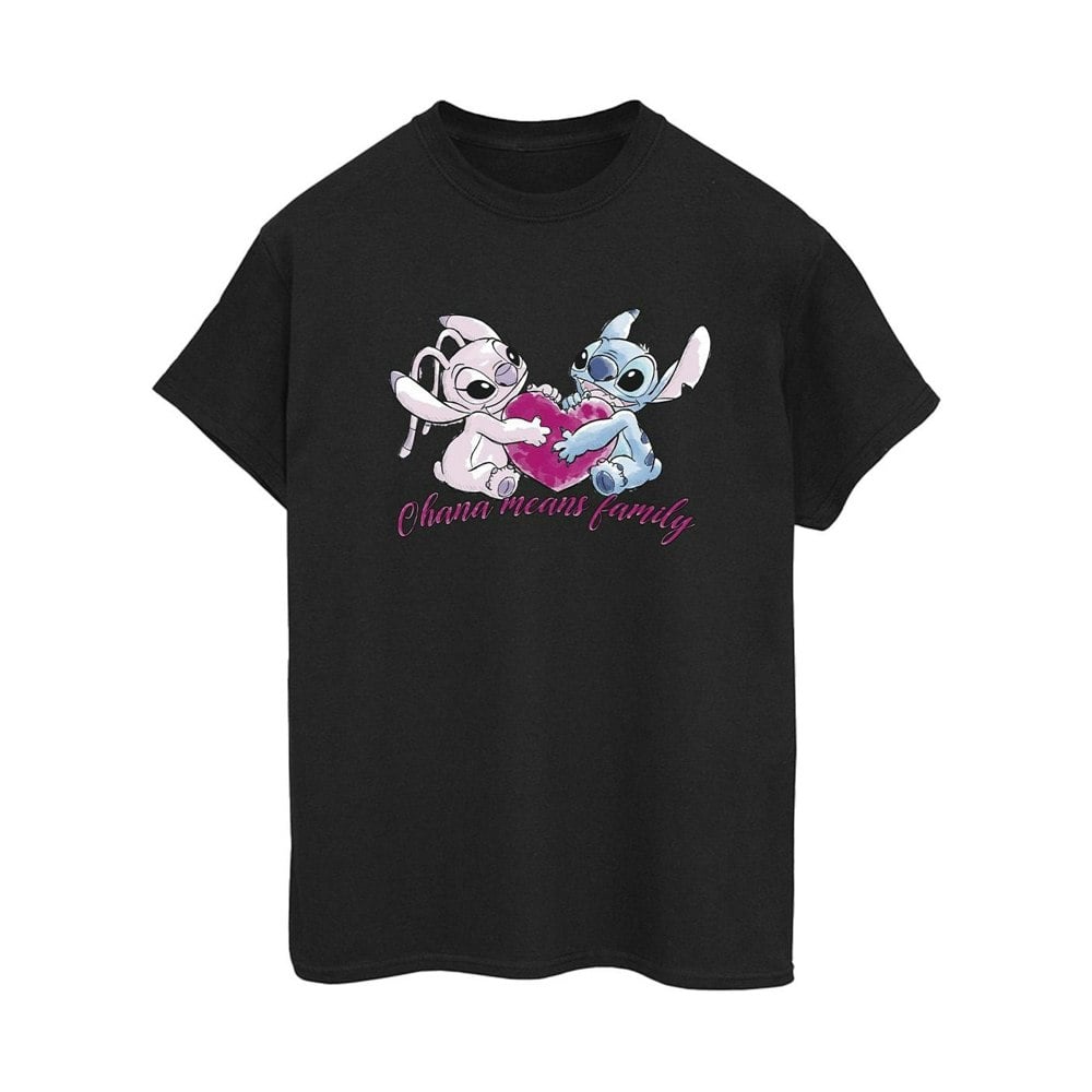 Disney Womens/Ladies Lilo And Stitch Ohana Heart With Angel Cotton Boyfriend T-Shirt - Black