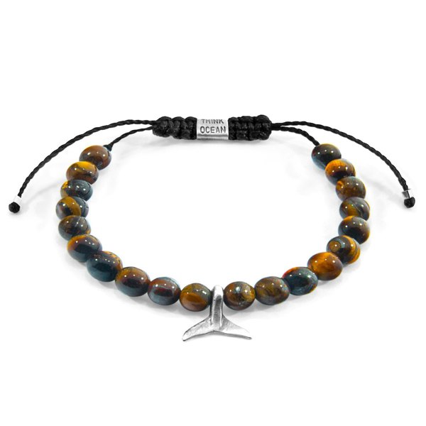 Anchor & Crew  Brown Tigers Eye Think Ocean Mini Whale Silver and Stone Macrame Bracelet