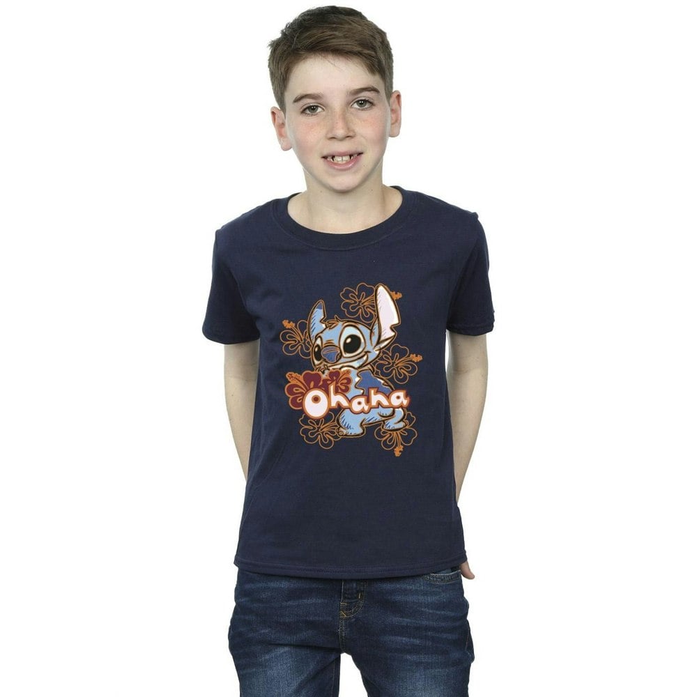 Disney Boys Lilo And Stitch Ohana Orange Hibiscus T-Shirt - Navy Blue