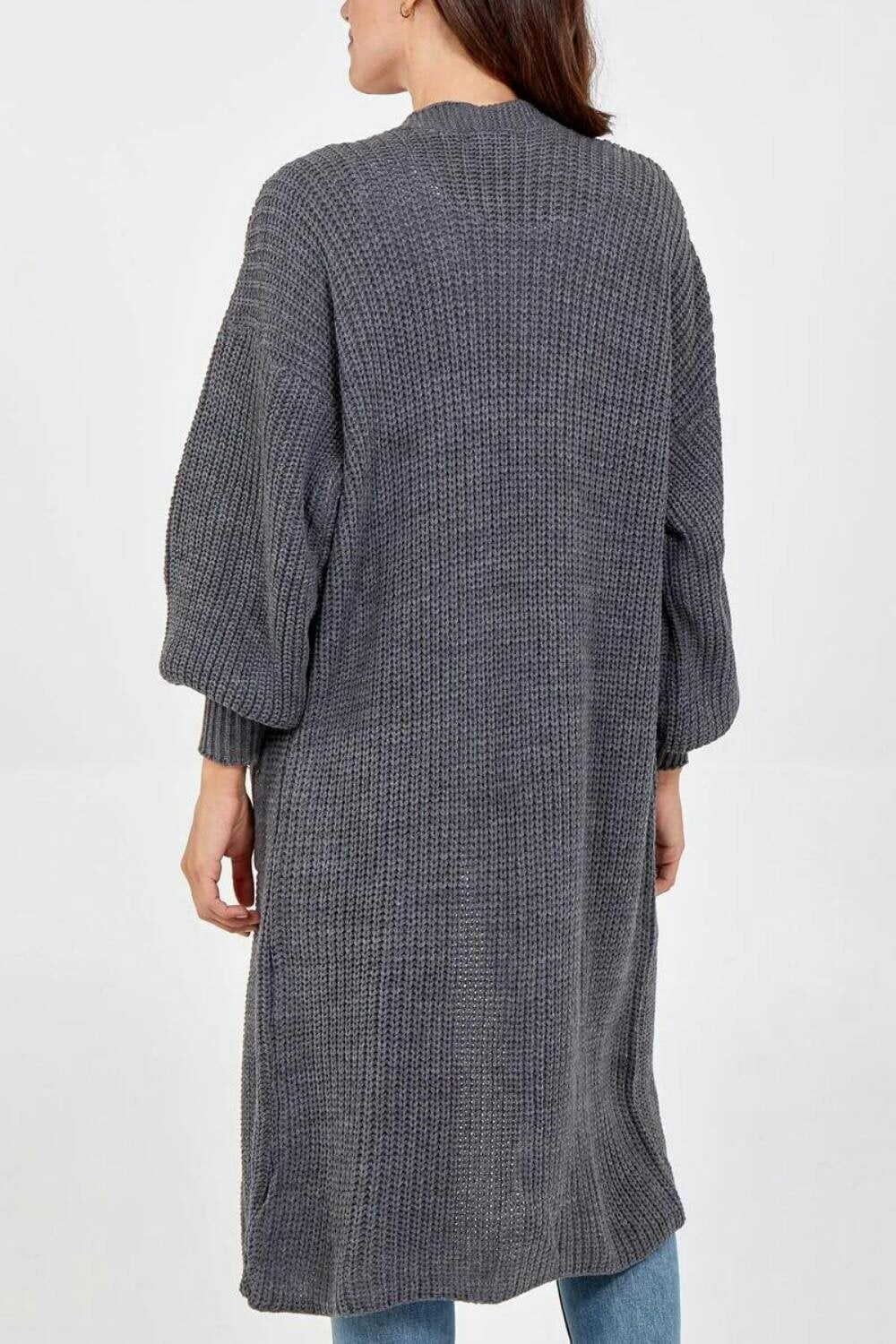 Hoxton Gal Oversized Long Sleeves Midi Knitted Cardigan with Pocket Details in Dark Grey