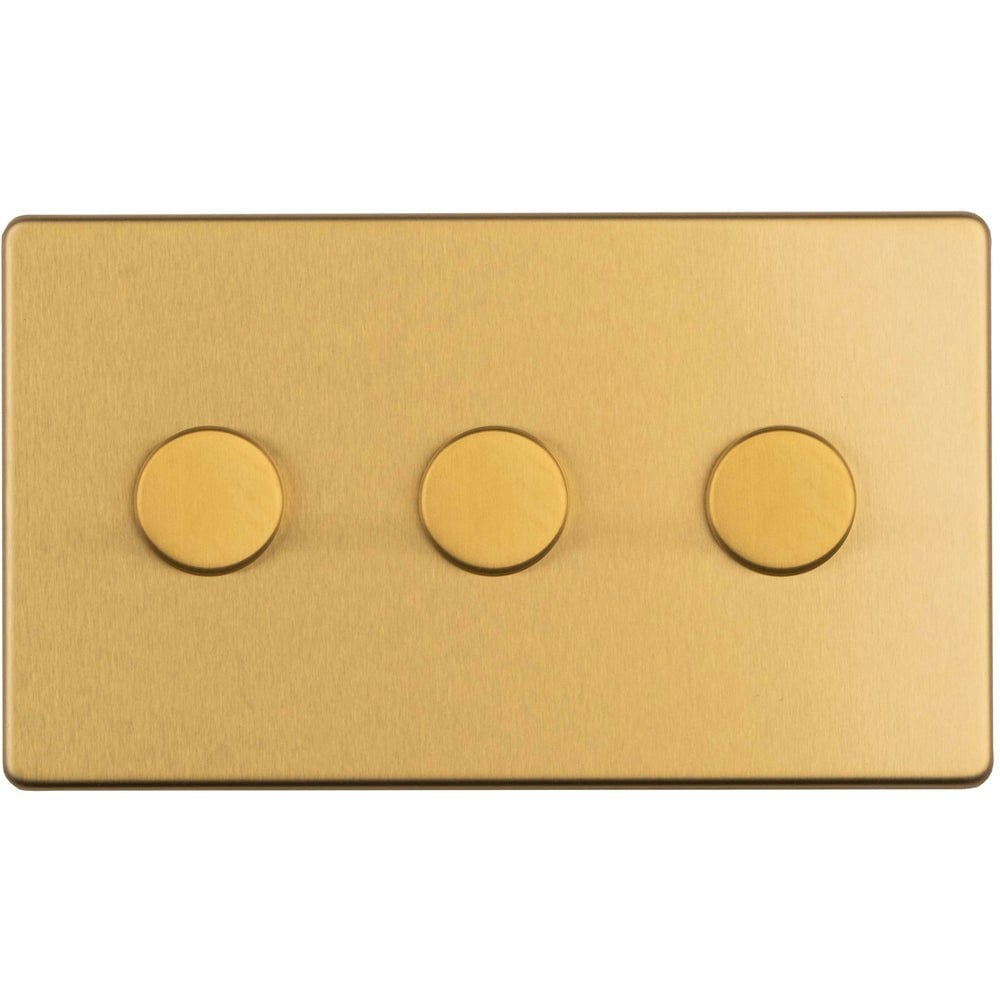 3 Gang Rotary Dimmer Switch 2 Way LED SCREWLESS SATIN BRASS Light Dimming Wall