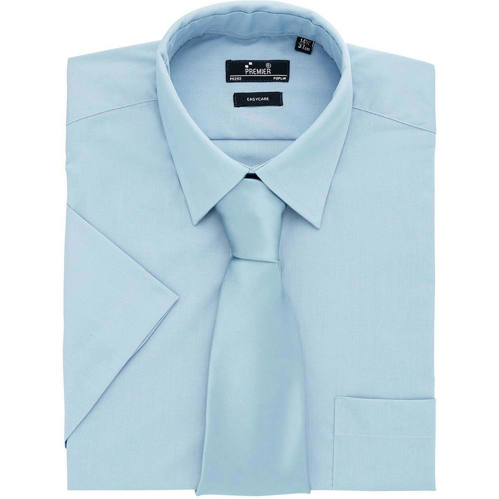 Premier Mens Short Sleeve Formal Poplin Plain Work Shirt - Light Blue