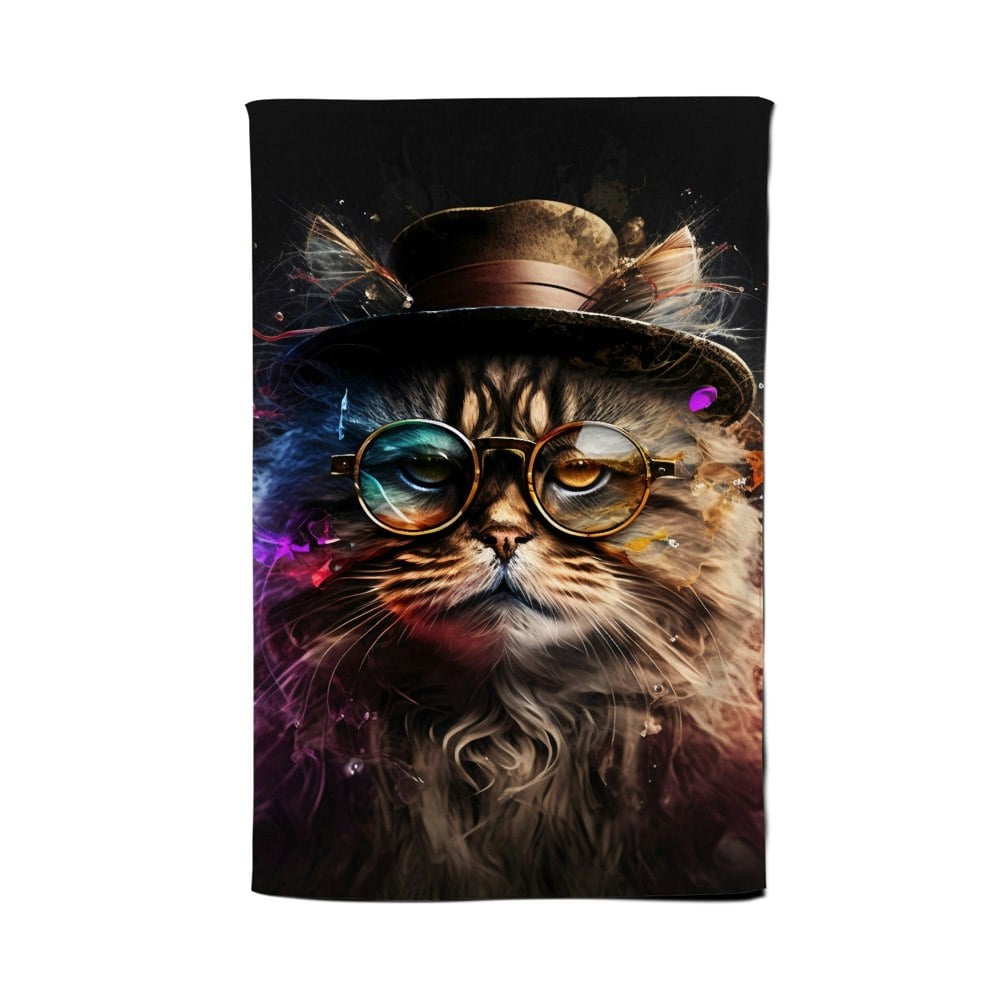 Warren Reed Siberian Cat With Glasses Splashart Tea Towel