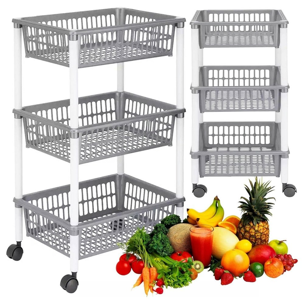 3 Tier Grey Vegetable Trolley Basket On Wheels Ideal For Kitchens