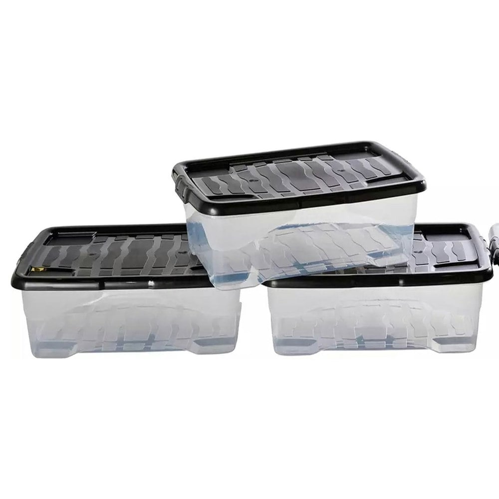 Pack Of 5 Strong Durable 30 Litre Curve Plastic Underbed Storage Boxes With Black Lids For Home & Office