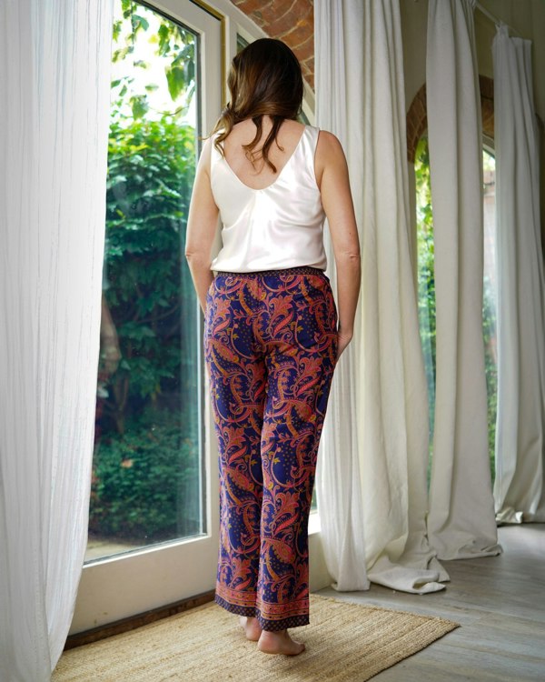 Antonia York Farrah Lightweight Silky Elasticated Waist Trousers - Pink & Navy Paisley