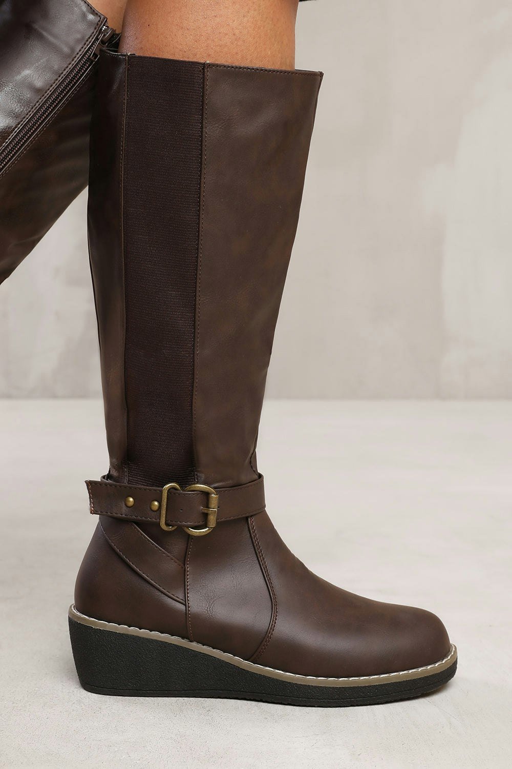 Where's That From Vanda Wedge Heel Knee High Boots With Elastic Panel in Brown