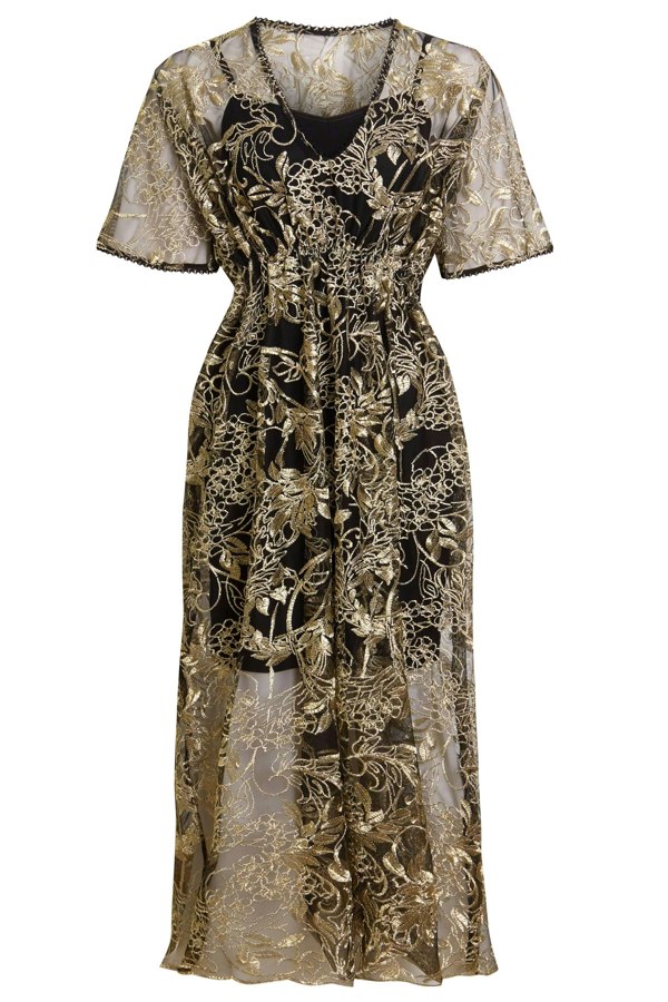 a Sarvin Embroidered Flutter Sleeve Dress.