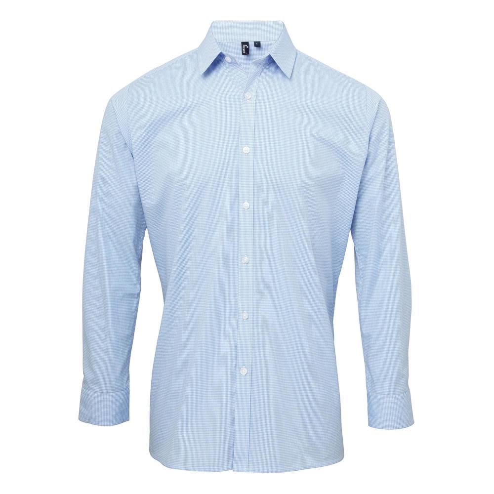 Premier Mens Microcheck Long Sleeve Shirt - Light Blue/White - Light Blue/White - 100% Cotton