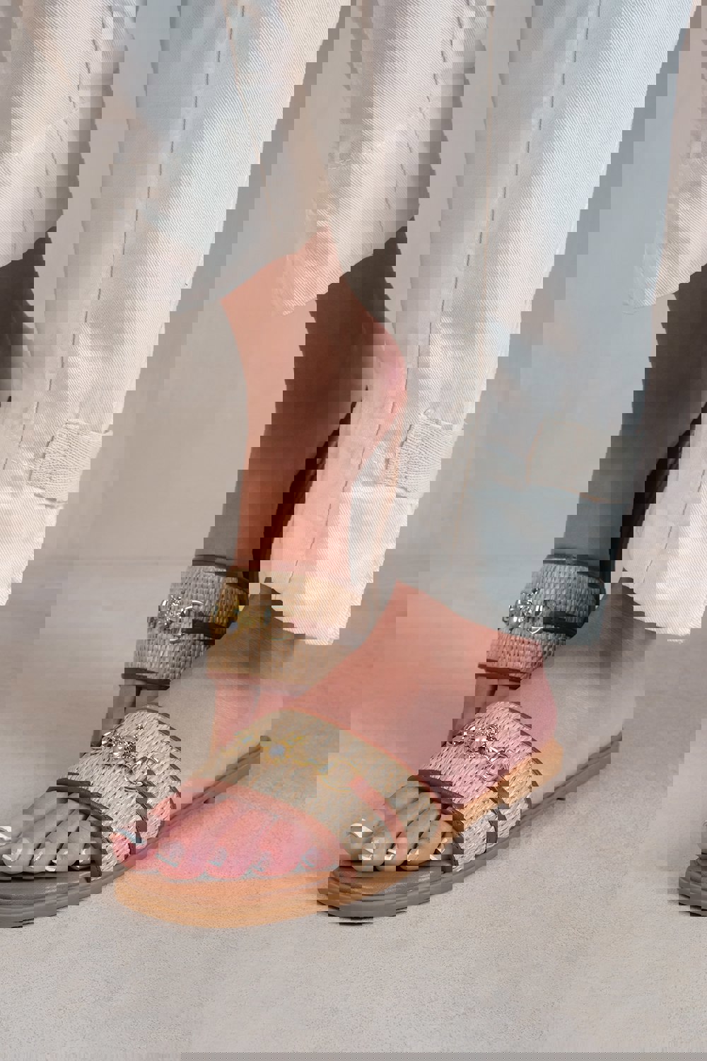 Where's That From Harmony Pu Straw Detail Strap Sandals in Tan Faux Leather
