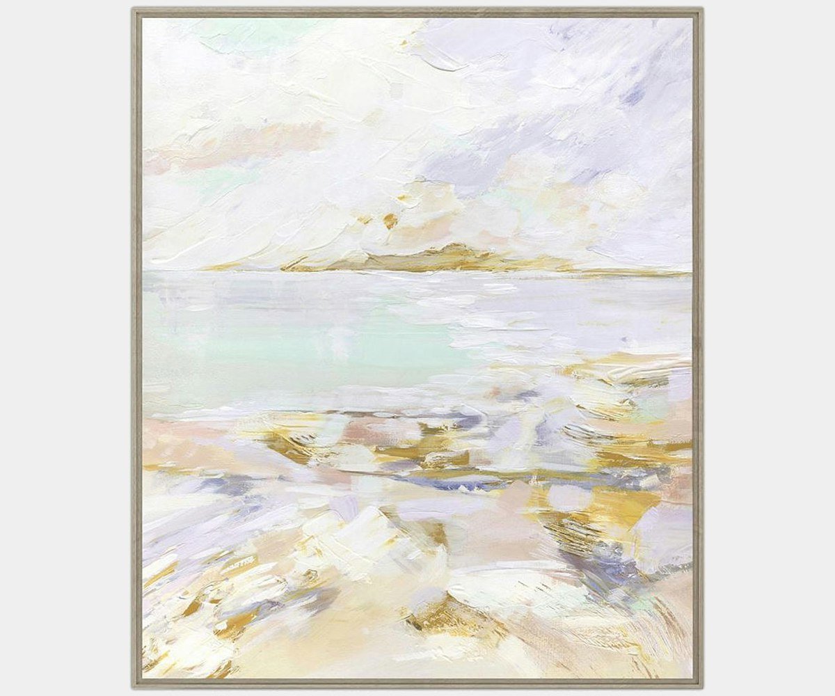 Handcrafted coastal abstract artwork from the Elian Collection by Quintessa, featuring soft pastels and golden hues in a taupe 'L' shaped frame, perfect for luxury home decor and modern interior design.