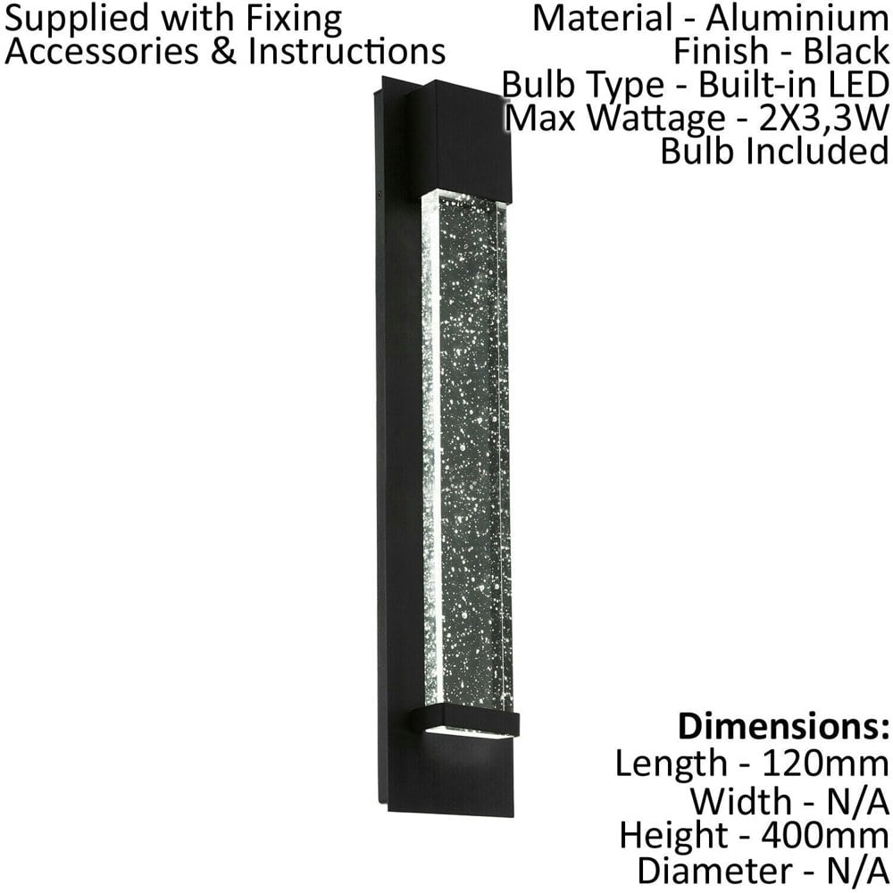 2 PACK IP44 Outdoor Wall Light Black Long Bubble Glass 3.3W LED Porch Lamp Loops