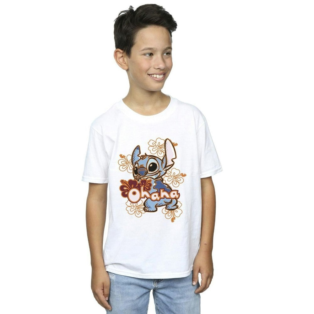 Disney Boys Lilo And Stitch Ohana Orange Hibiscus T-Shirt - White