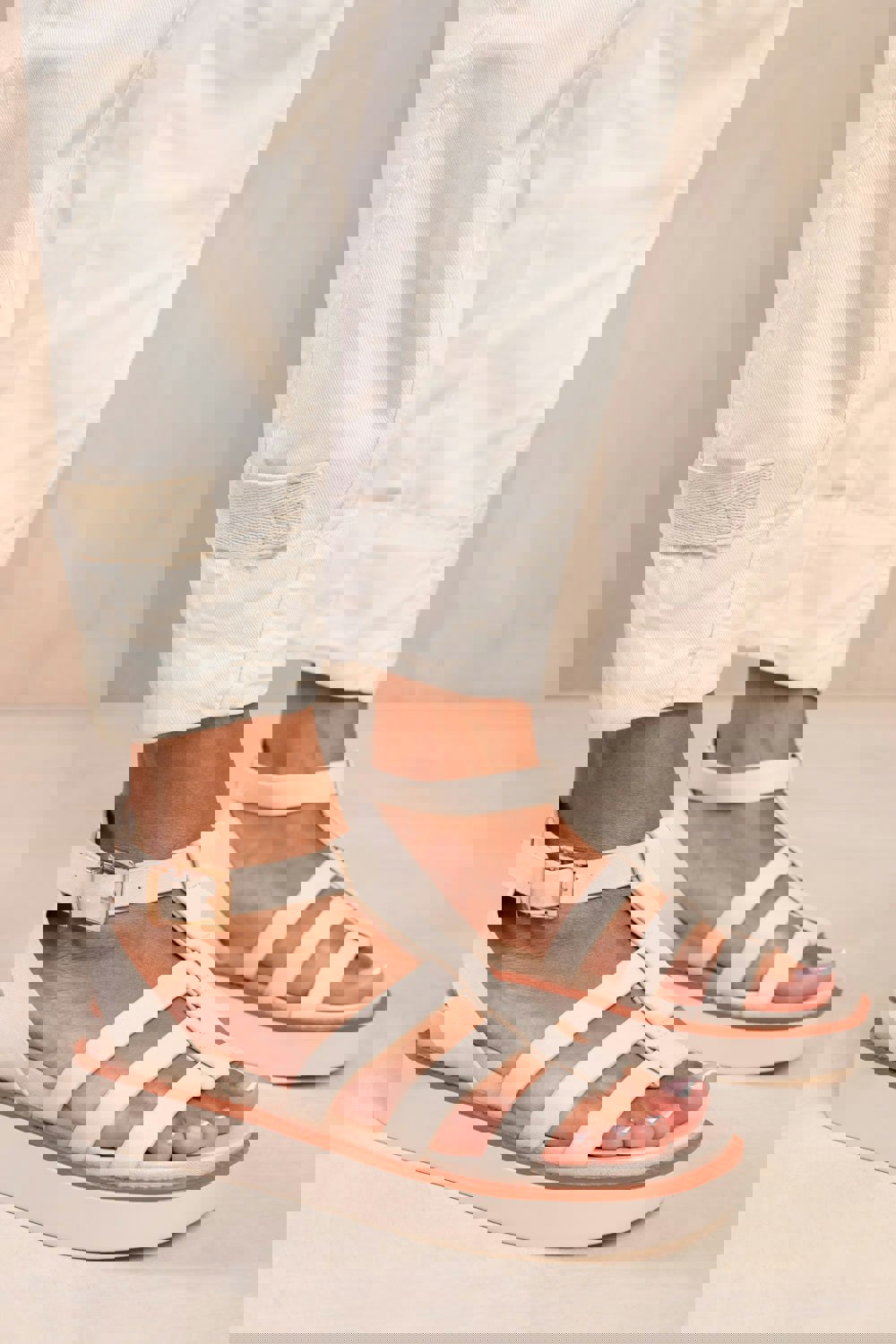 Where's That From Dubai Wide Fit Mid Platform Gladiator Strap in Cream Pu