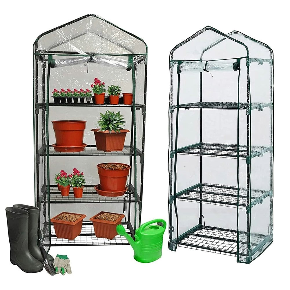 1 x 4 Tier Compact Greenhouse With Shelves & Roll Up Zip Panel Door