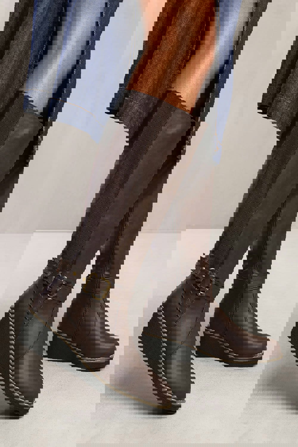 Where's That From Vanda Wedge Heel Knee High Boots With Elastic Panel in Brown