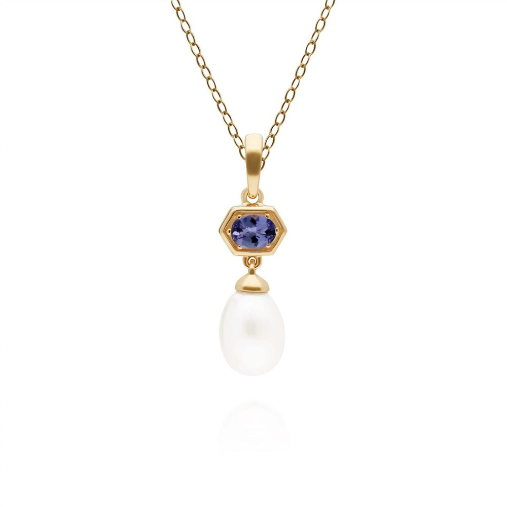 270P030208925 Modern Pearl & Tanzanite Hexagon Drop Pendant in Gold Plated Silver 1