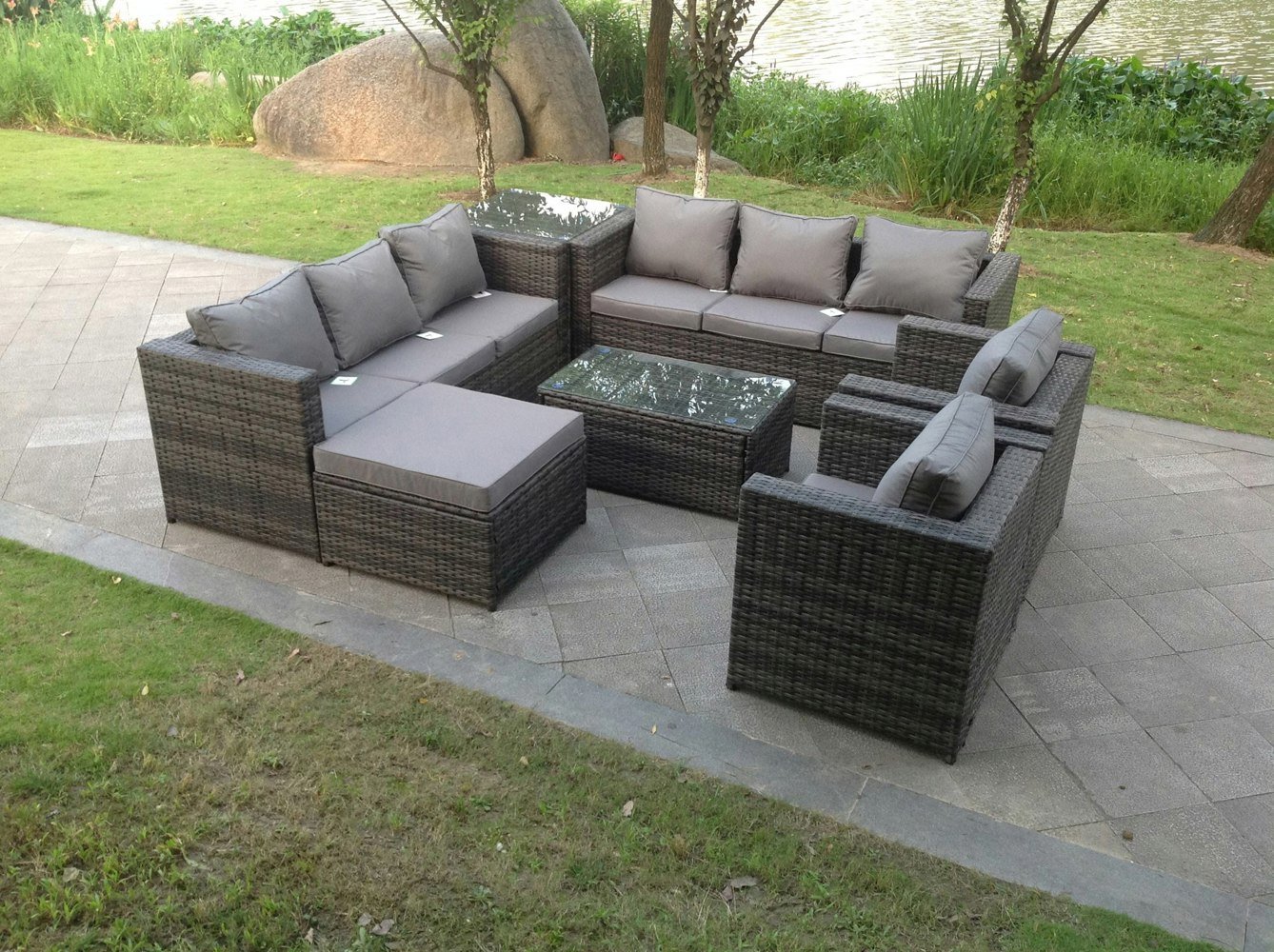 Fimous Outdoor Rattn Garden Furniture Sofa Set Rectangular Coffee Table Lounge Sofa Chair Footstool With Side Coffee Table