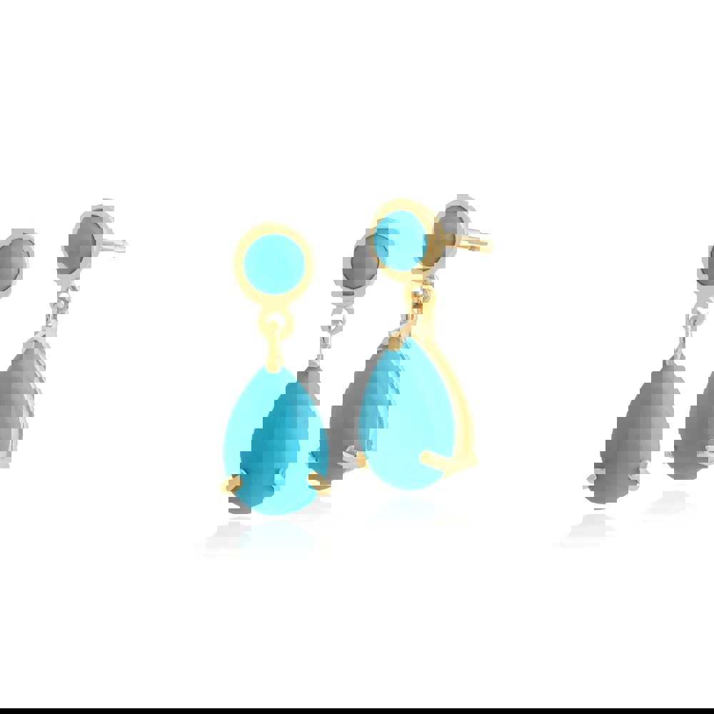 Classic Pear & Round Turquoise Drop Earrings in 9ct Yellow Gold - Gemondo