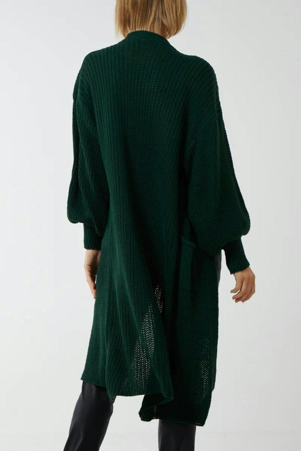 Hoxton Gal Oversized Long Sleeves Midi Knitted Cardigan with Pocket Details in Bottle Green