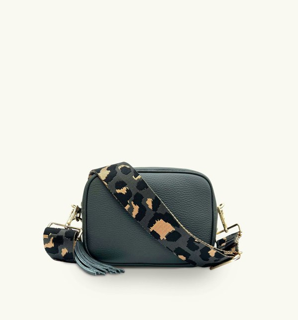 Apatchy Dark Grey Leather Crossbody Bag with Grey Leopard Strap