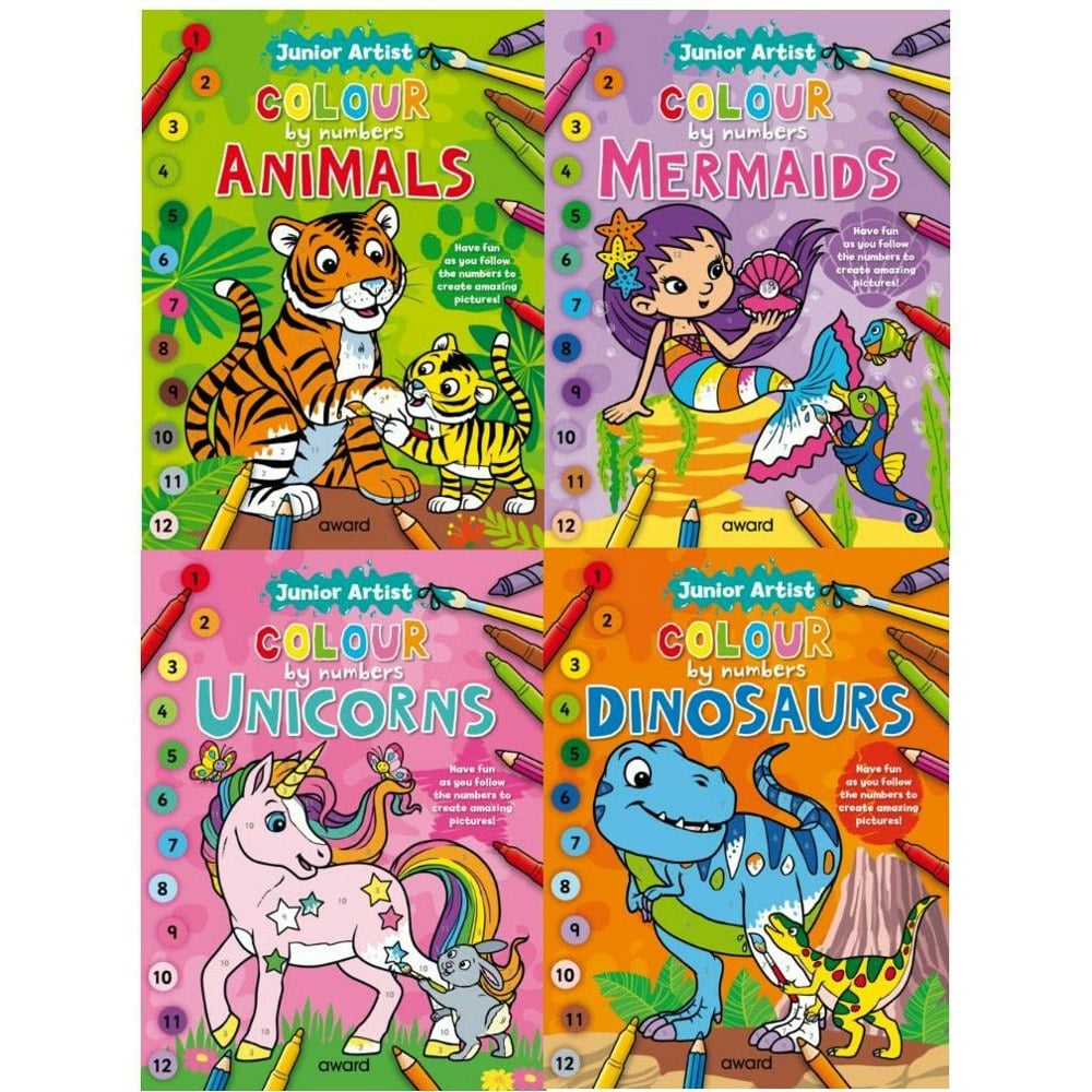 Junior Artist Colour By Numbers 4 Book Set Dinosaurs, Unicorn, Mermaid, Animals