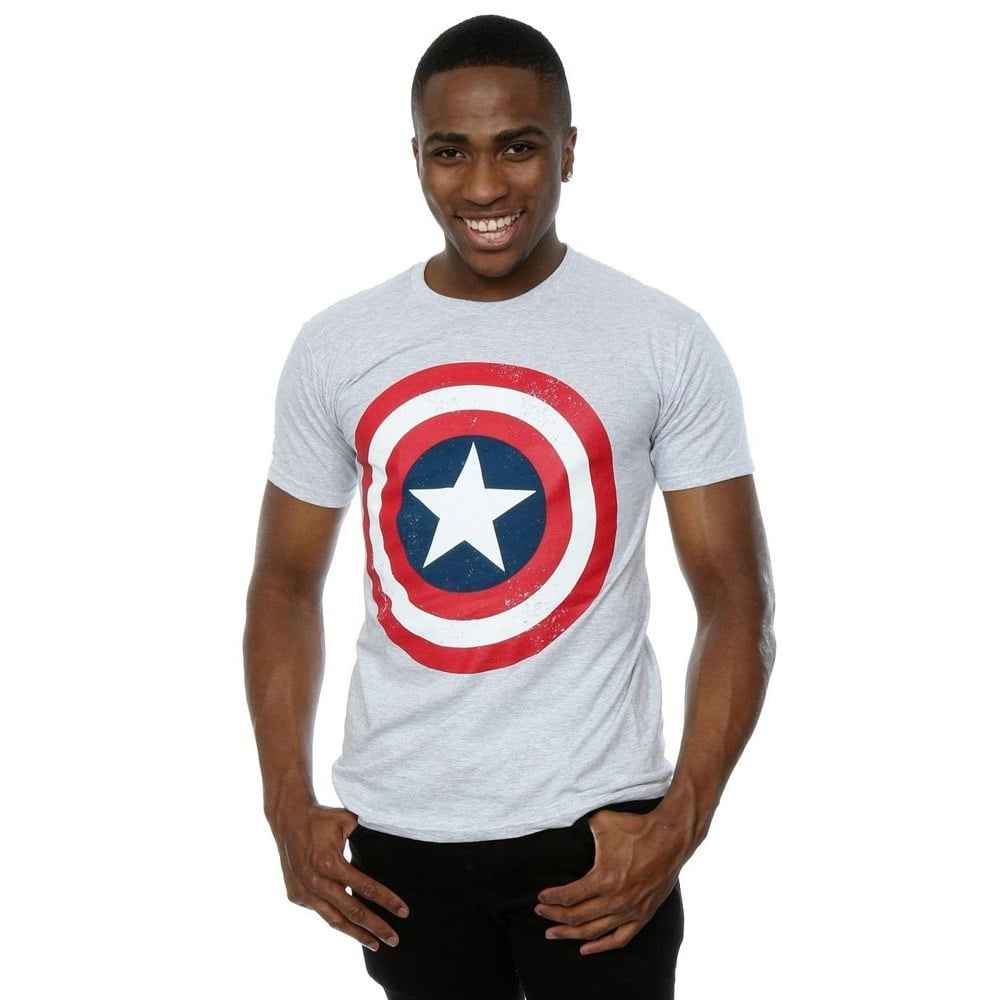 Marvel Mens Captain America Distressed Shield T-Shirt - Heather Grey