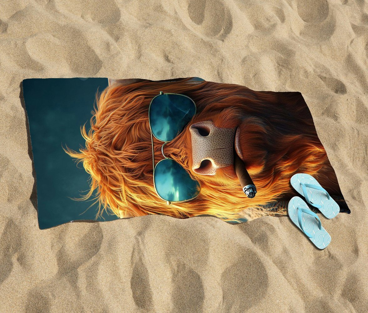 Warren Reed Highland Cow With Glasses Beach Towel