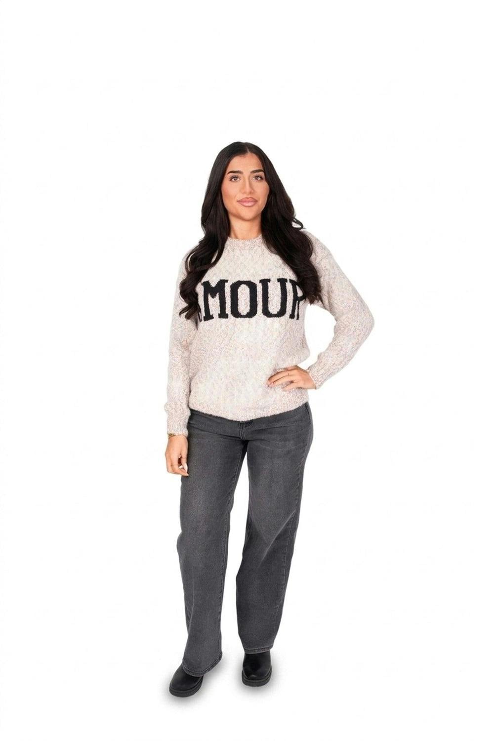 Zenya Fluffy Knit Oversized Jumper With Amour Slogan Detail - Wine_wb