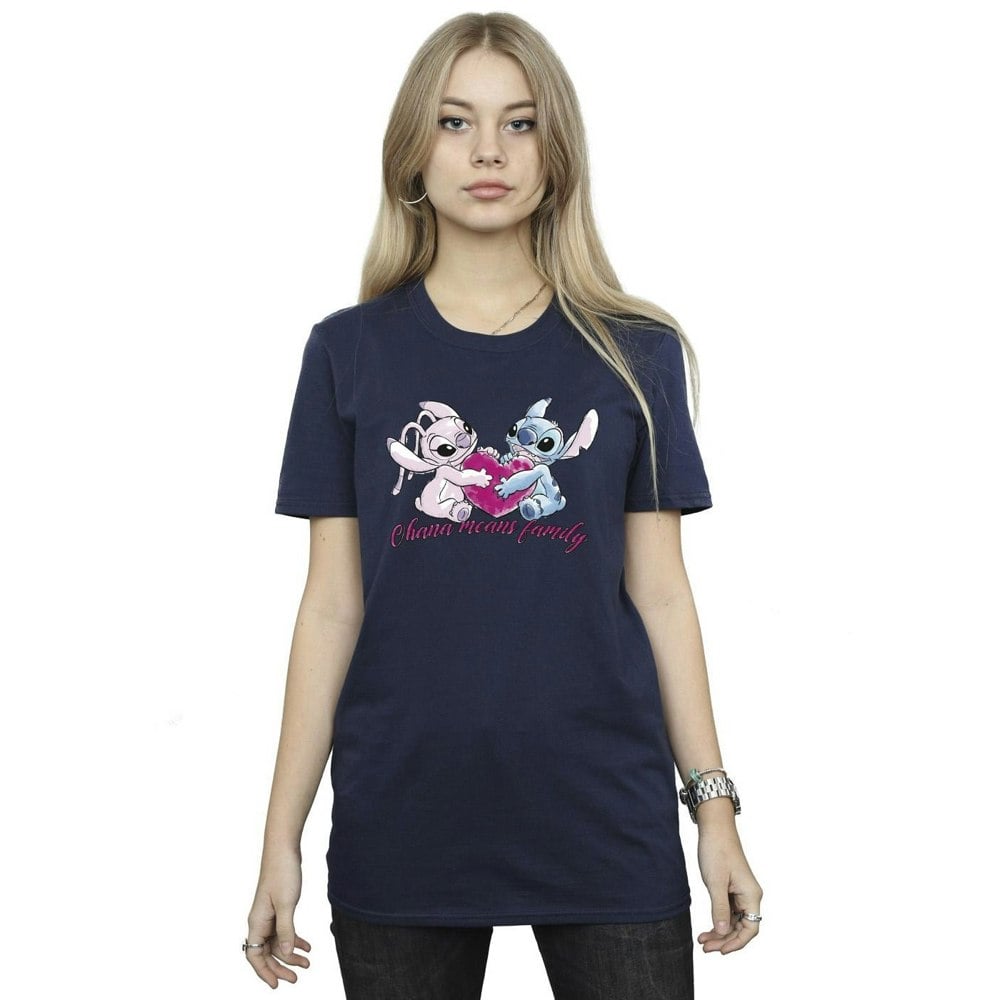 Disney Womens/Ladies Lilo And Stitch Ohana Heart With Angel Cotton Boyfriend T-Shirt - Navy Blue