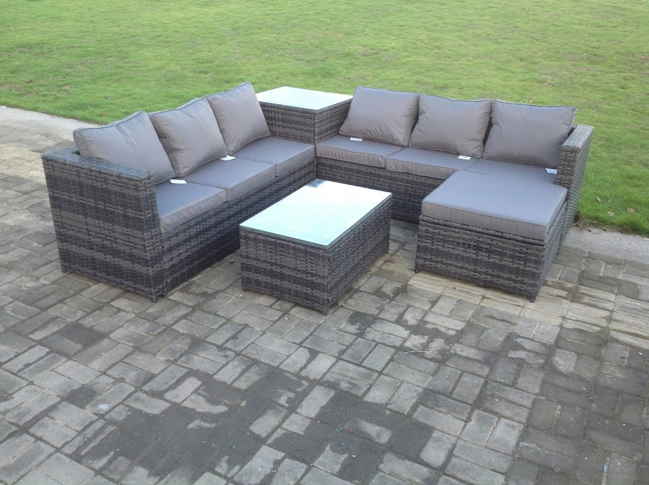 Fimous 7 Seater Rattan Corner Sofa Lounge Sofa Set With Oblong Coffee Table And Big Footstool