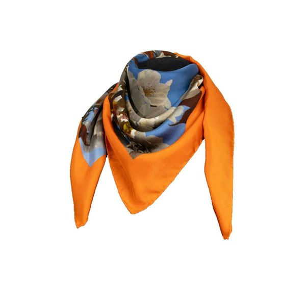 Silk scarf with Orange Bird of Paradise and White-Blue Cherry Blossom print, displayed as a cutout around an invisible mannequin