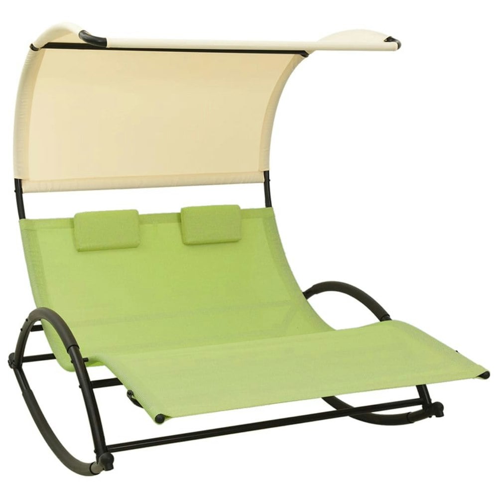 Berkfield Double Sun Lounger with Canopy Textilene Green and Cream