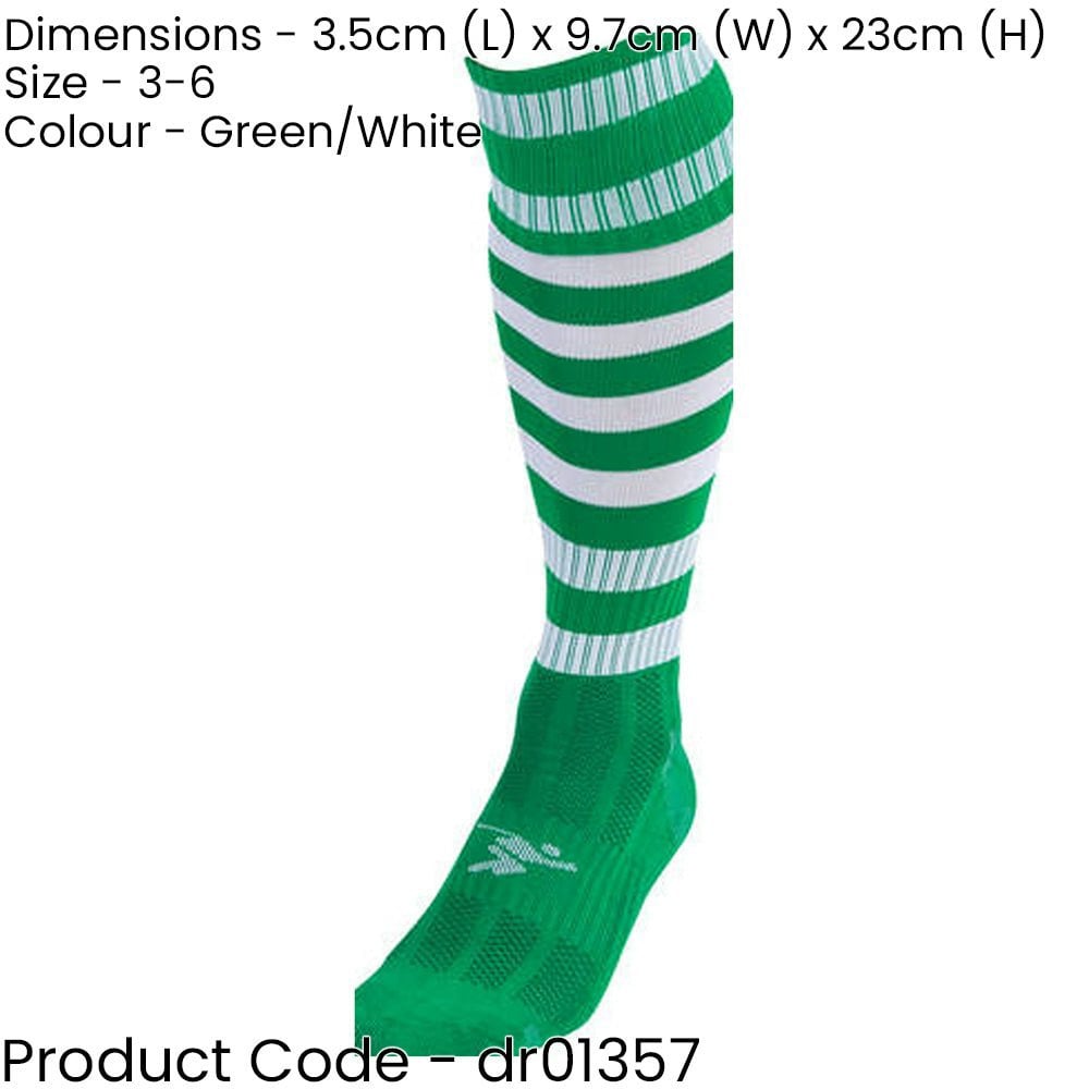 JUNIOR Size 3-6 Hooped Stripe Football Socks - GREEN/WHITE Contoured Ankle