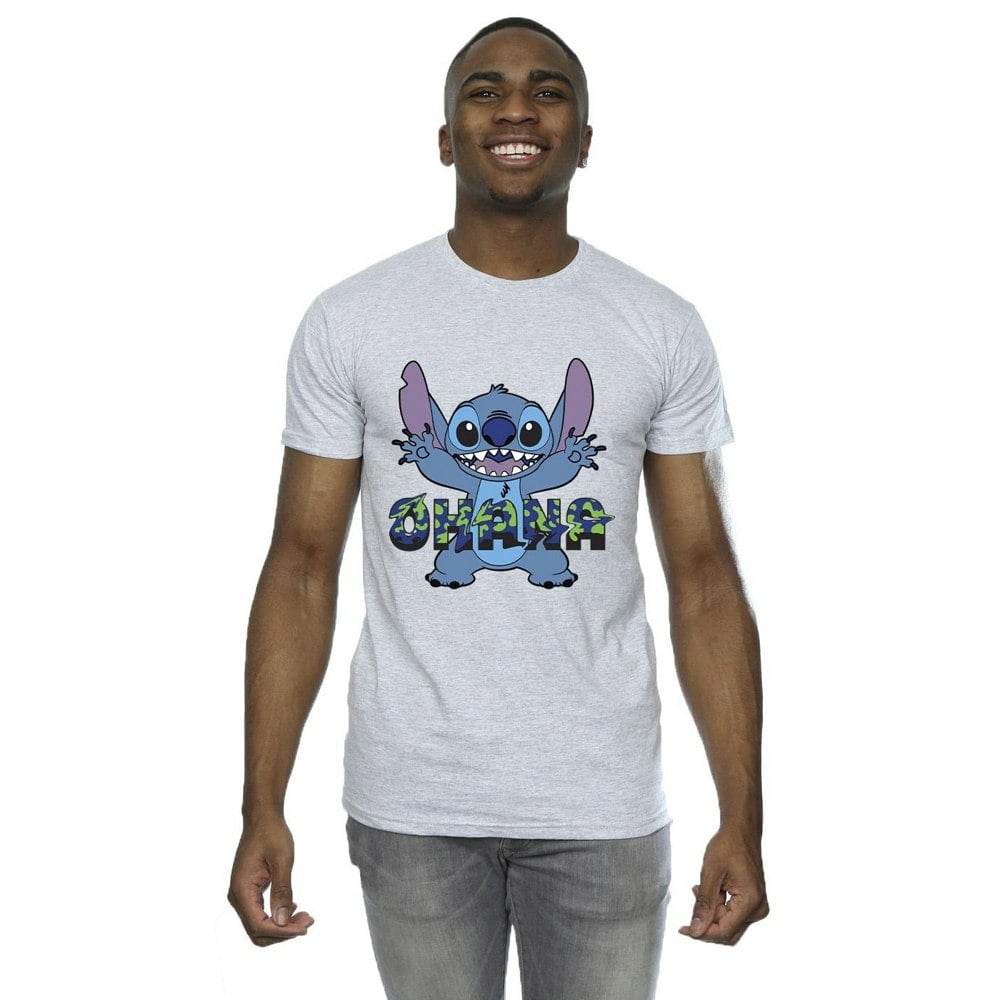 Disney Mens Lilo And Stitch Ohana Blue Glitch T-Shirt - Sports Grey
