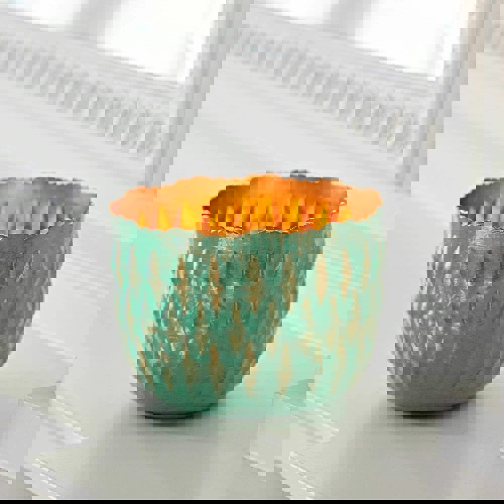 Paper High Turquoise and Gold Metal Tea Light Holder