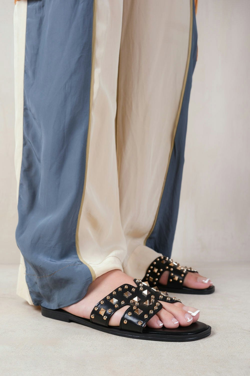 Where's That From Commet Cut Out Strap Flat Sandals With Diamante Detail in Black Faux Leather