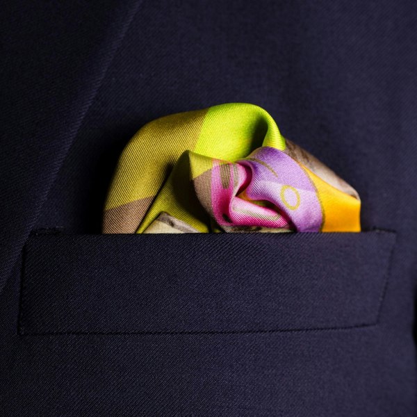 Vulcan aircraft silk pocket square in yellow by Otway & Orford folded