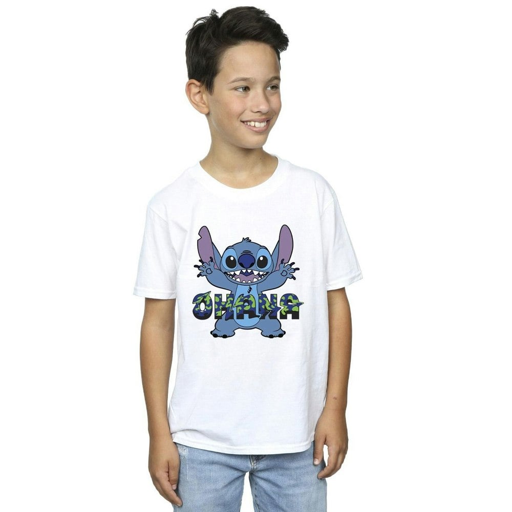 Disney Boys Lilo And Stitch Ohana Blue Glitch T-Shirt - White